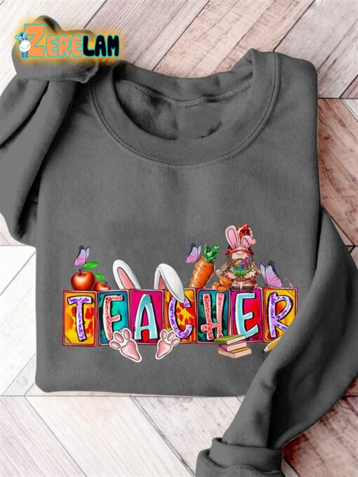 Teacher Happy Easter Casual Print Sweatshirt
