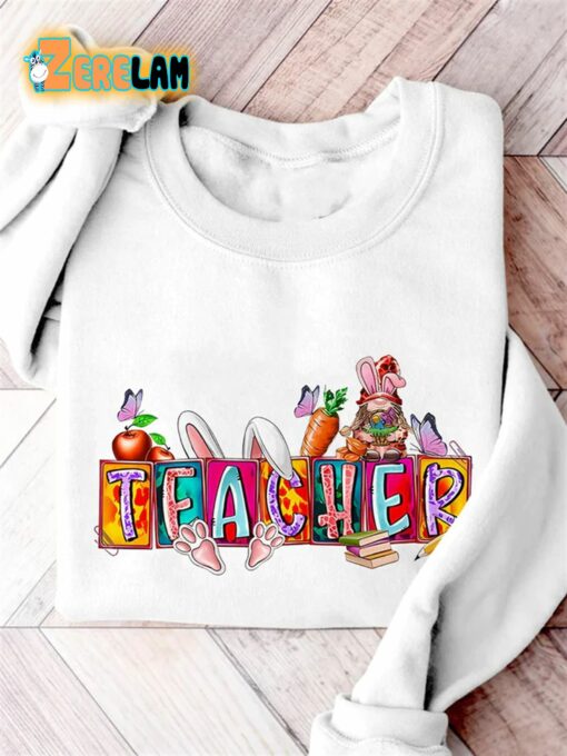 Teacher Happy Easter Casual Print Sweatshirt