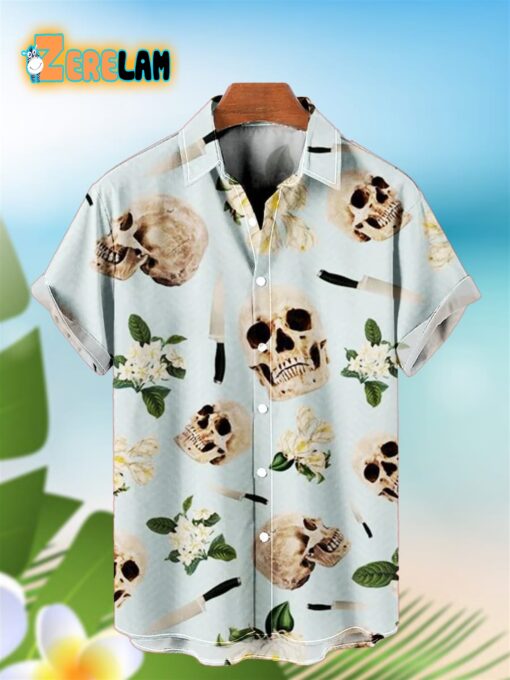 Tropical Skull Summer Flower And Knife Hawaiian Shirt