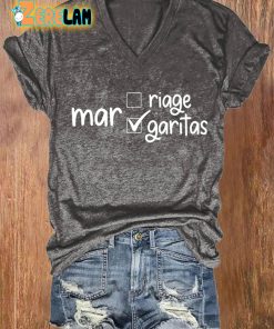 V neck Funny Marriage Margaritas Print T Shirt 2
