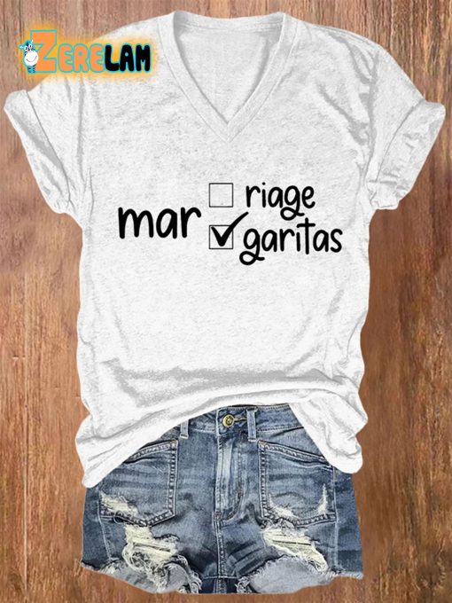 V-neck Funny Marriage Margaritas Print T-Shirt