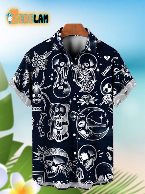 Vintage Skull Print Moon Black Hawaiian Shirt