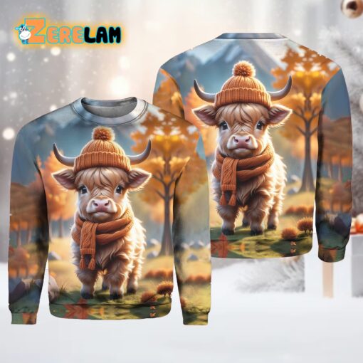 Cute Adorable Baby Highland Cow Print Crew Neck Shirt