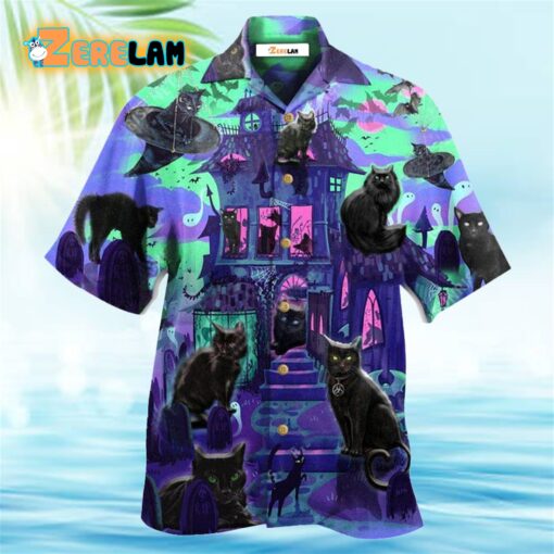 Black Cat In A Mysterious Haunted House Hawaiian Shirt