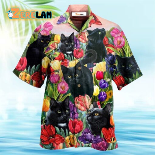 Black Cat Love Flowers Colorful Hawaiian Shirt
