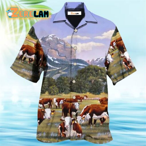 Cow Hereford Cow Beautiful Landscape Hawaiian Shirt