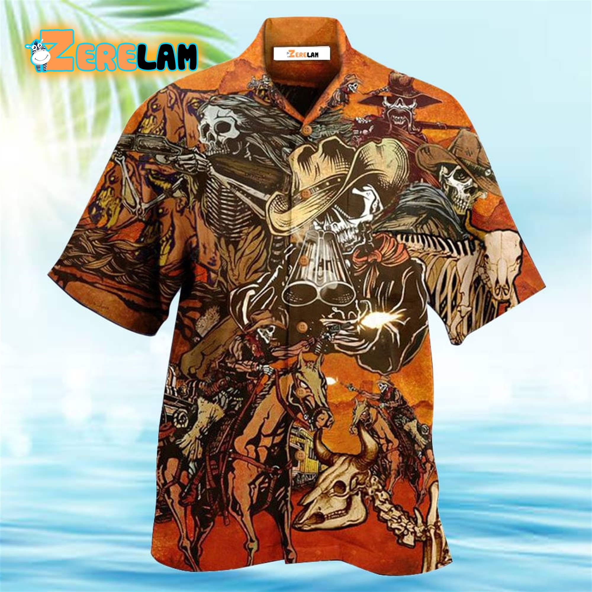 Cowboy Skull War Orange Hawaiian Shirt - Zerelam