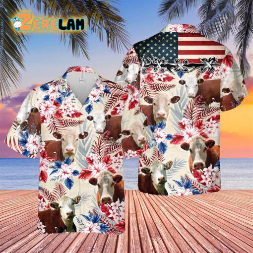 Hereford Cattle American Flag Flowers Hawaiian Shirt