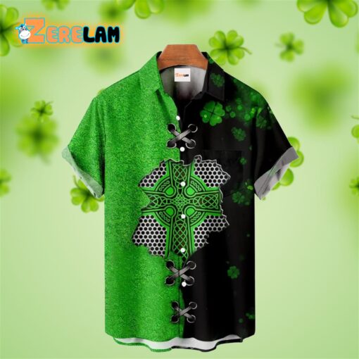St Patrick’s Day Celtic Cross Clover Pattern Hawaiian Shirt