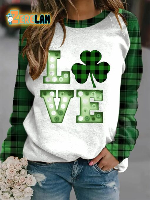 Women’s St Patrick Day Love Clover Plaid Sweatshirt