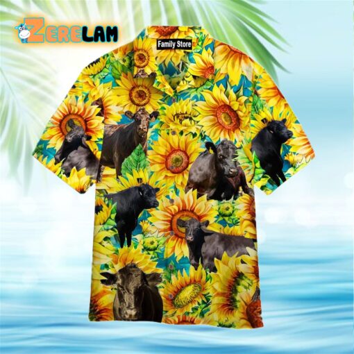 Black Angus Cattle Lovers Sunflower Watercolor Hawaiian Shirt