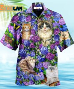 Cat Lovely And Purple Flowers Hawaiian Shirt