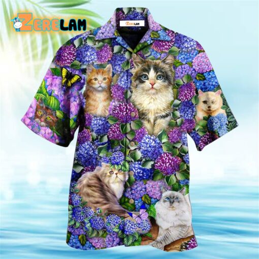 Cat Lovely And Purple Flowers Hawaiian Shirt