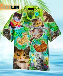 Colorful Cats Green Aloha Hawaiian Shirt