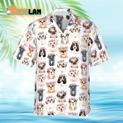 Cute Puppies Flowers Crown Hawaiian Shirt