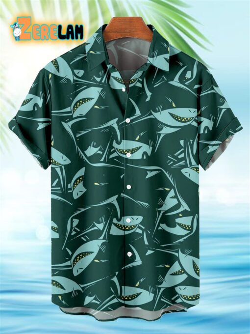 Deep Sea Shark Dark Green Pattern Hawaiian Shirt
