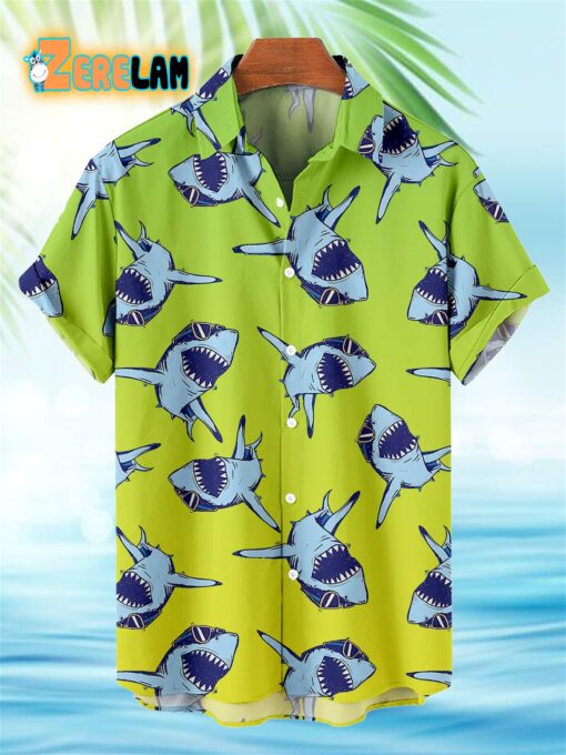 Deep Sea Shark Lime Green Pattern Hawaiian Shirt