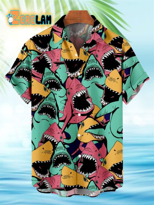 Deep Sea Shark Retro Colors Pattern Hawaiian Shirt