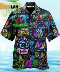 Easter Is Coming Rabbit Neon Style In Black Hawaiian Shirt