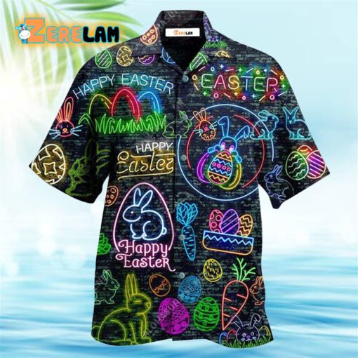 Easter Is Coming Rabbit Neon Style In Black Hawaiian Shirt