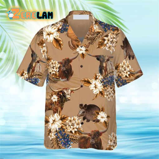 Everything’s More In Texas Armadillo And Longhorn Texas Hawaiian Shirt