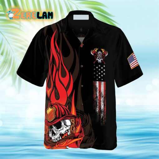 Firefighter Skull Flame Black American Flag Hawaiian Shirt