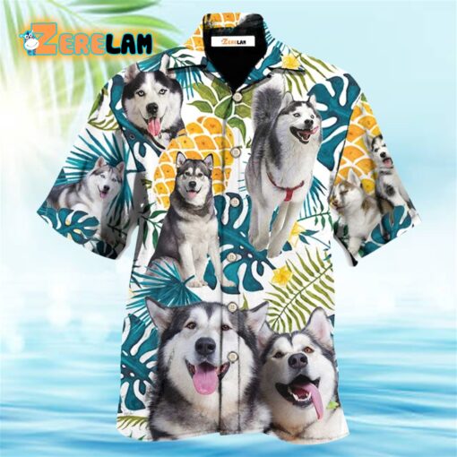 Funny Husky Tropical Leaf Hawaiian Shirt