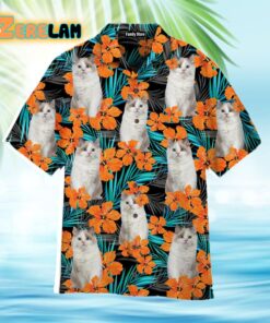 Funny Ragdoll Cat In Orange Floral Tropical Hawaiian Shirt