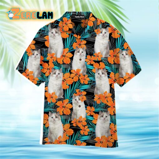 Funny Ragdoll Cat In Orange Floral Tropical Hawaiian Shirt