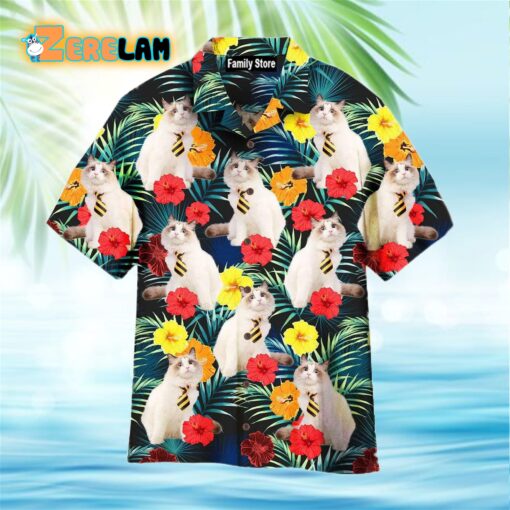 Funny White Cat Tropical Floral Hawaiian Shirt