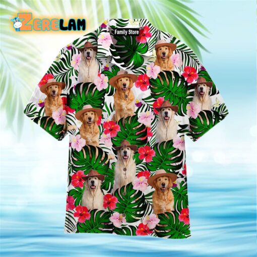 Golden Retriever Dogs Sitting Palm Leaves Hawaiian Shirt