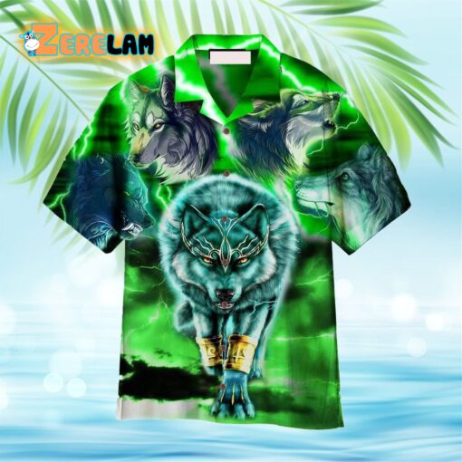 Green Neon Thunder Wolf Hawaiian Shirt