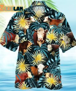 Hereford Cattle Lovers Blue And Yellow Plants Hawaiian Shirt