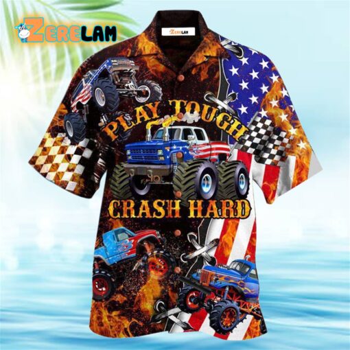 Monster Truck Fire Monster Truck Play Tough Crash Hard Hawaiian Shirt