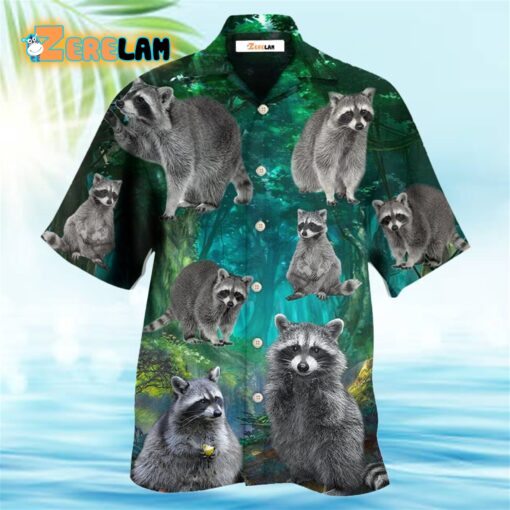 Raccoon Style With Green Hawaiian Shirt