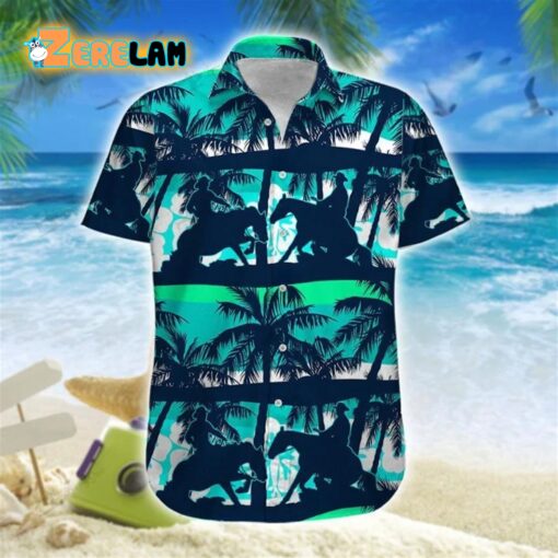 Reining Horse On Beach Blue Green Hawaiian Shirt