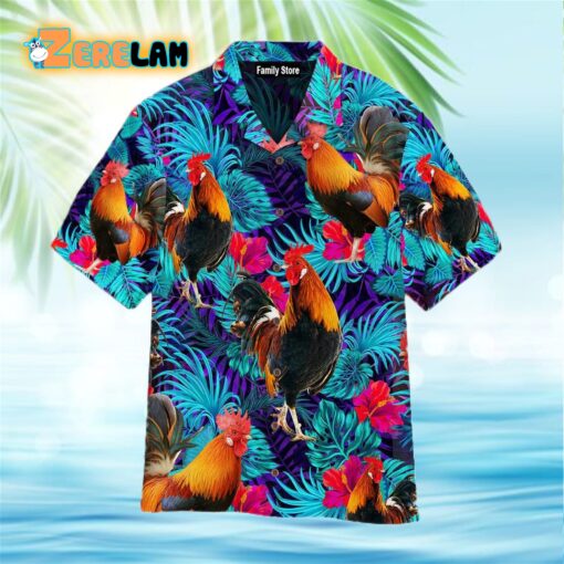 Rooster Blue Neon Tropical Hawaiian Shirt