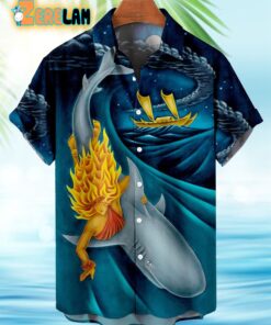 Shark Surfing In The Ocean Blue Pattern Hawaiian Shirt