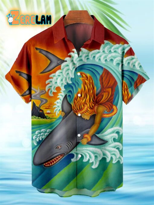 Shark Surfing In The Ocean Hawaiian Shirt