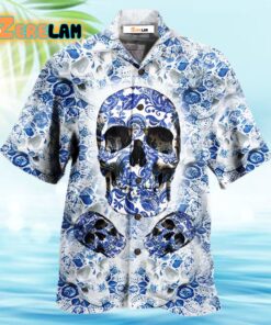 Skull Love Life Blue White Hawaiian Shirt