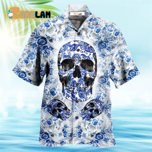 Skull Love Life Blue White Hawaiian Shirt
