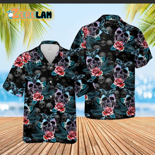 Skull Rose And Butterfly Black Aloha Hawaiian Shirt