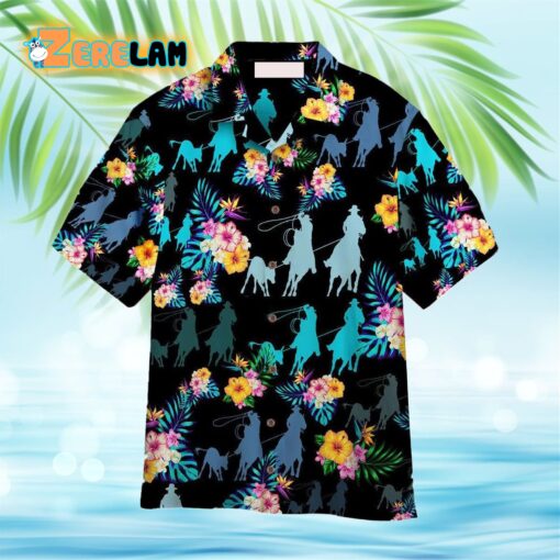 Tropical Team Roping Black Hawaiian Shirt