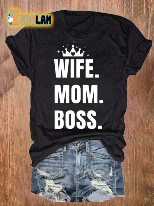 Wife Mom Boss Print Casual T-Shirt