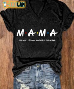 Women’s MAMA Mothers Day Gift Print V Neck T-Shirt