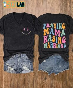 Womens Praying Mamas Raising Warriors Print V Neck T Shirt 2