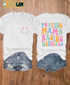Womens Praying Mamas Raising Warriors Print V Neck T Shirt 3