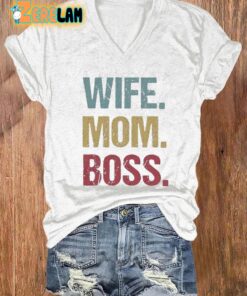 Womens Wife Mom Boss Printed V Neck T Shirt 2