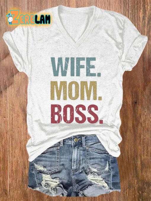 Women’s Wife Mom Boss Printed V-Neck T-Shirt