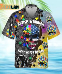 Autism Warrior Fighting For My Son Skull Colorful Puzzle Hawaiian Shirt